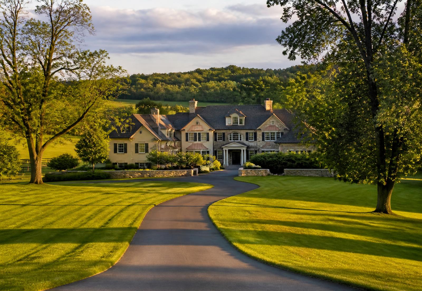 Large stone estate home on rolling land outside Kennett Square, PA