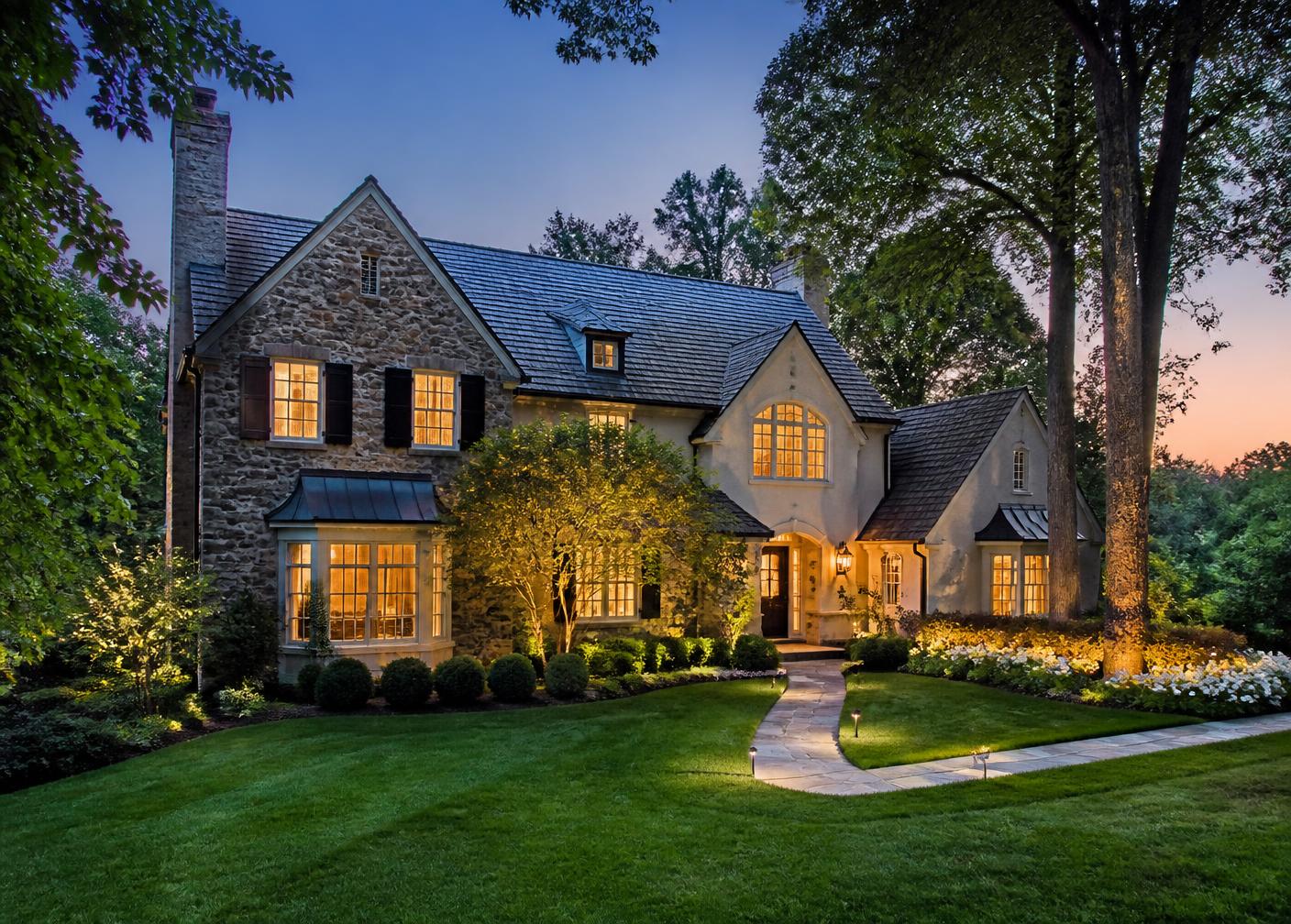 Stone Chester County home at dusk near Kennett Square, PA